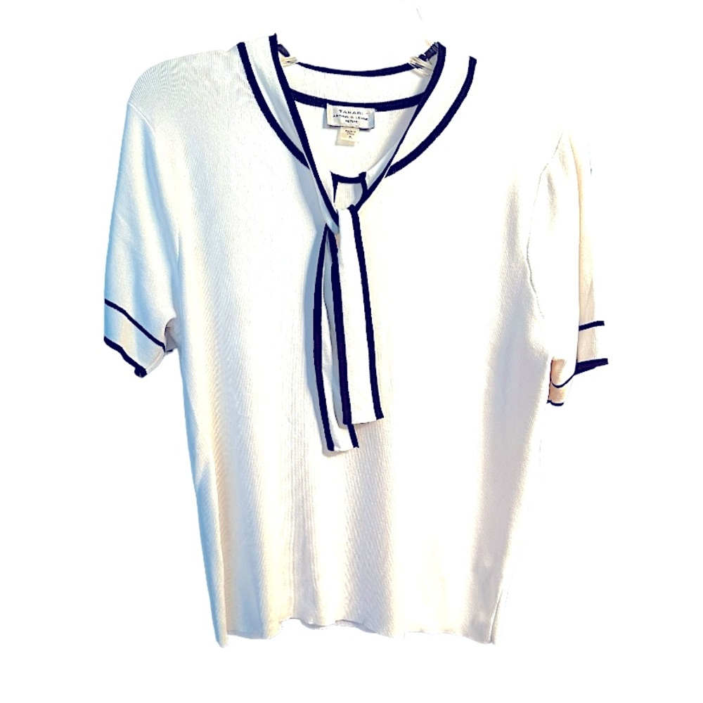 Tahari ASL White Top with tie & black accents. Simple and classy. Size PL.